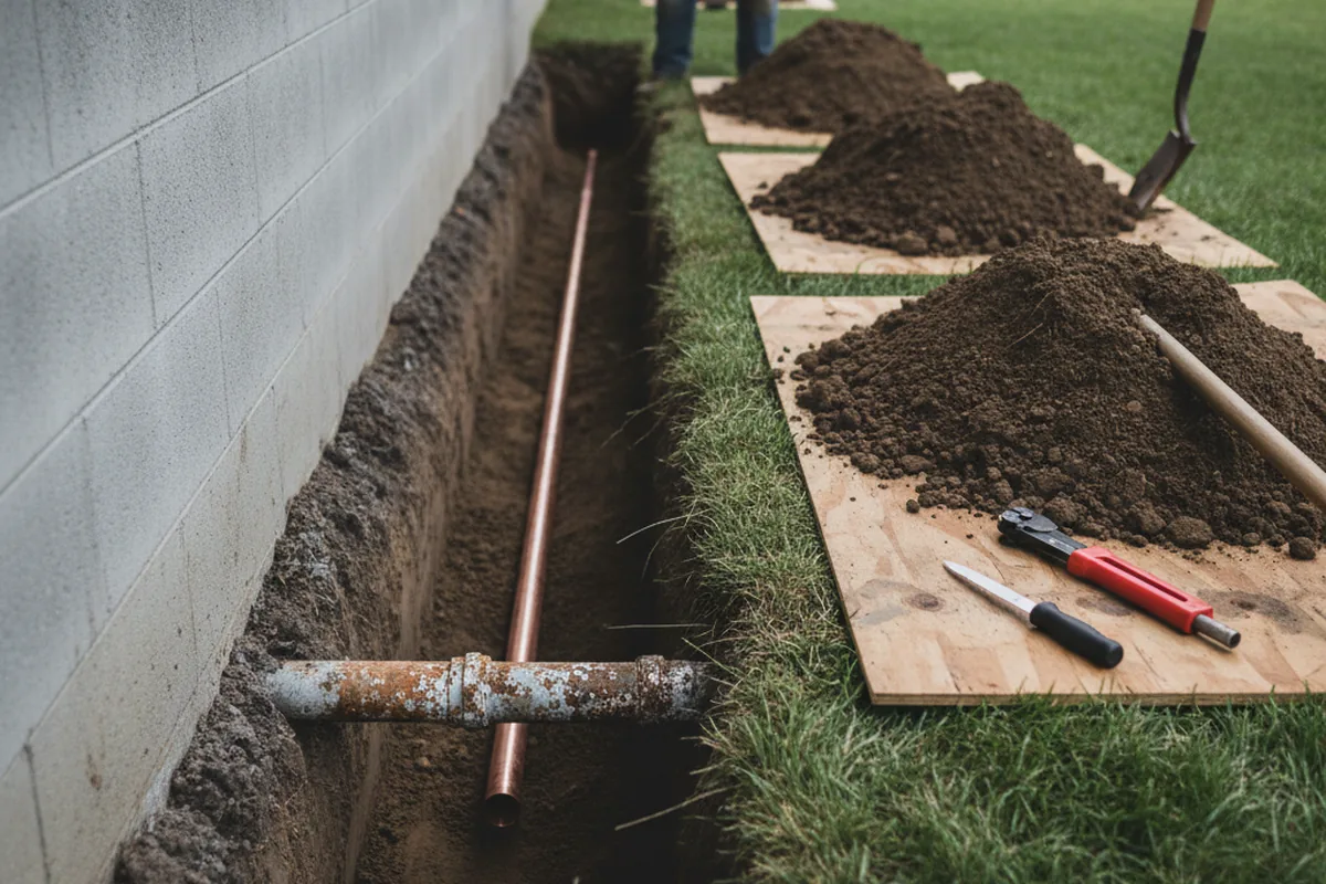 Excavated water line trench during Water Heater Repair in Fargo